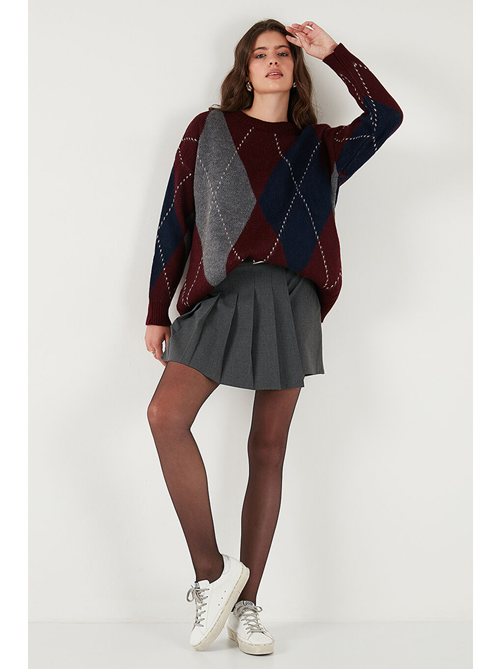 Bordo Oversize Fit Bisiklet Yaka Baklava Desenli Kazak 4615578-2