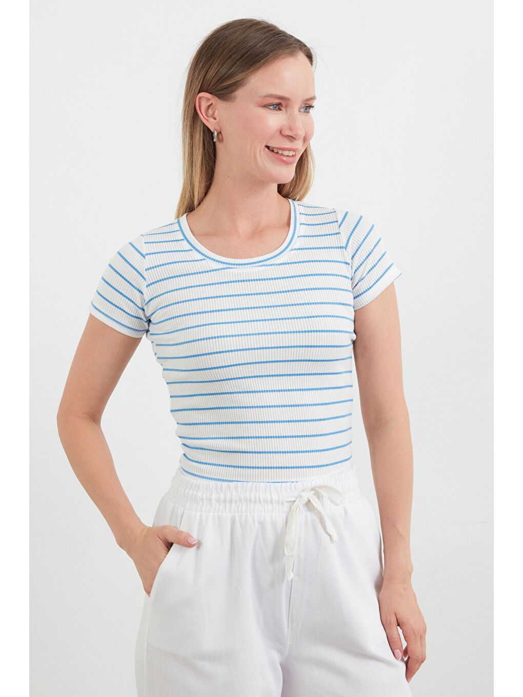 Mavi Basic Çizgili Fitilli Tişört-1