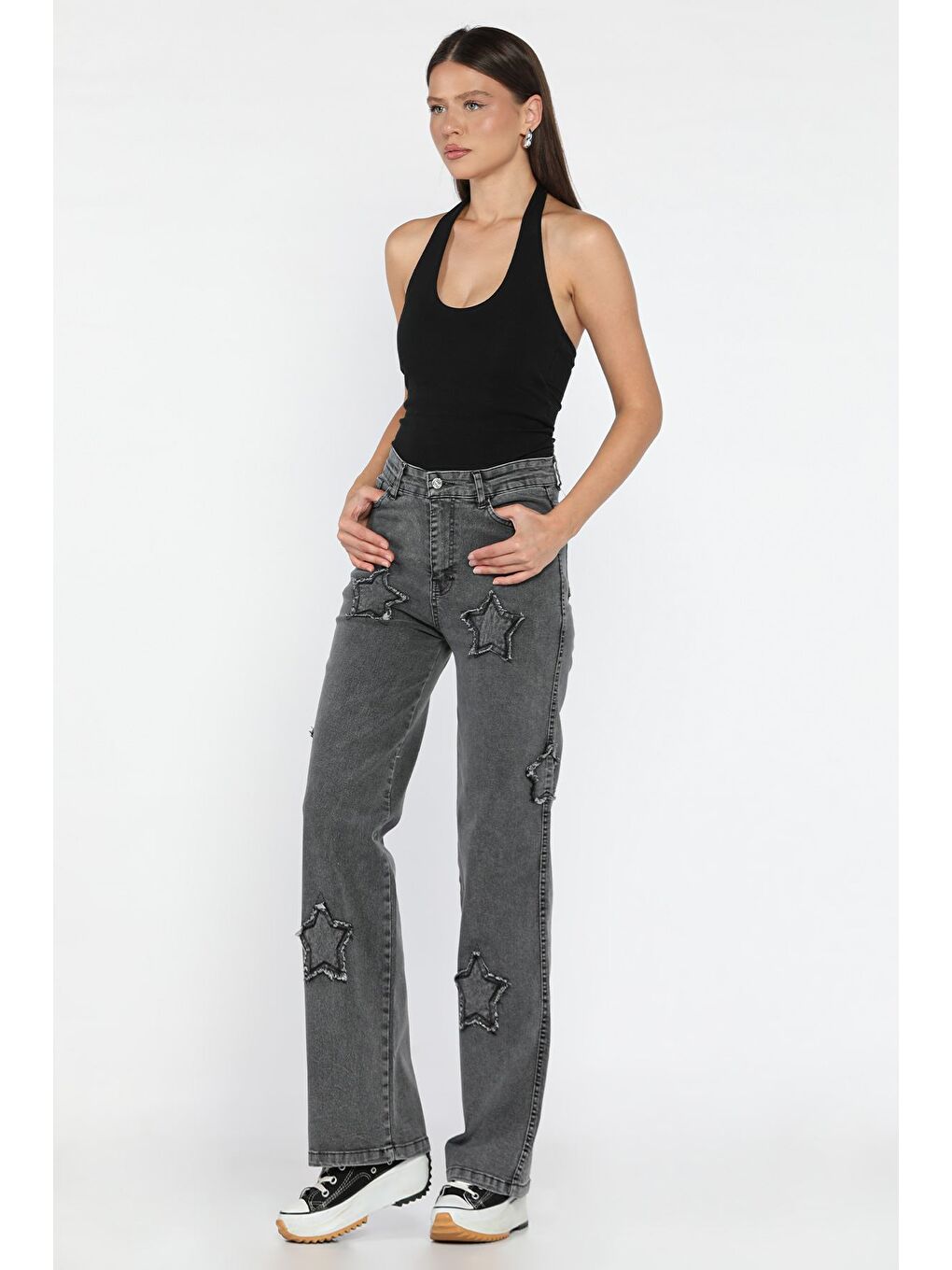 Antrasit Kadın Yüksek Bel Yıldız Figürlü Elastanlı Palazzo Jean Pantolon-1