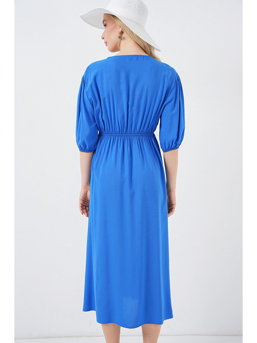 Mavi 2570 Kadın Beli Büzgülü V Yaka Elbise - Saks-5