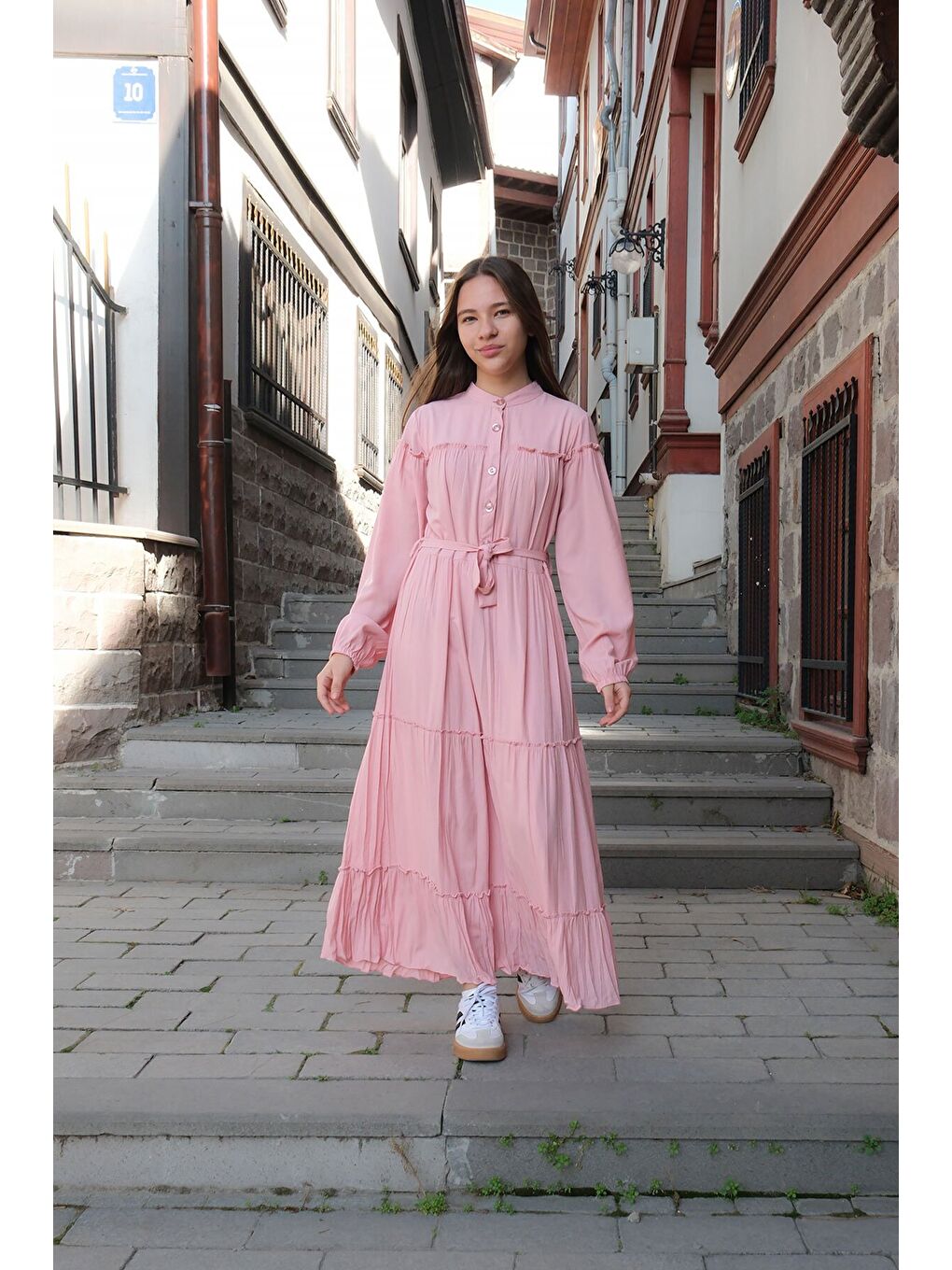 Pembe Kolları Büzgülü Kuşaklı Kız Çocuk Uzun Elbise 23399-4