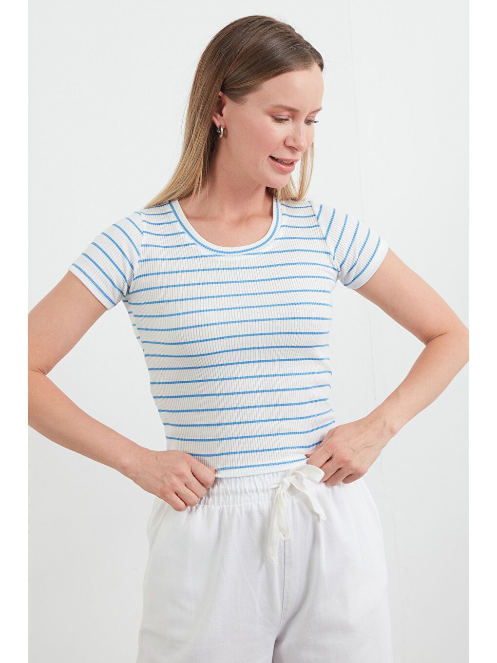 Mavi Basic Çizgili Fitilli Tişört-2
