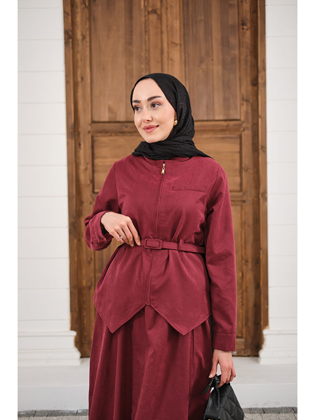 Kadın Cep Detay Fermuarlı Kemer Bağlamalı Etekli Takım Bordo-1