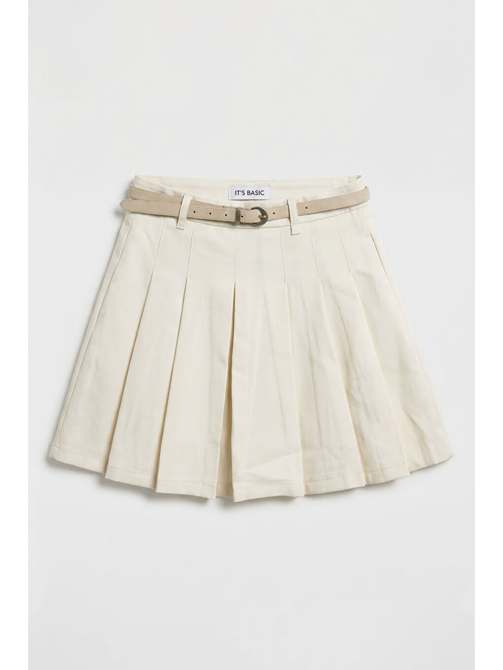 Ekru Kadın Kırık Beyaz w5 Kemerli Pileli Organik Pamuk Kumaş İçi Şortlu Mini Etek-1
