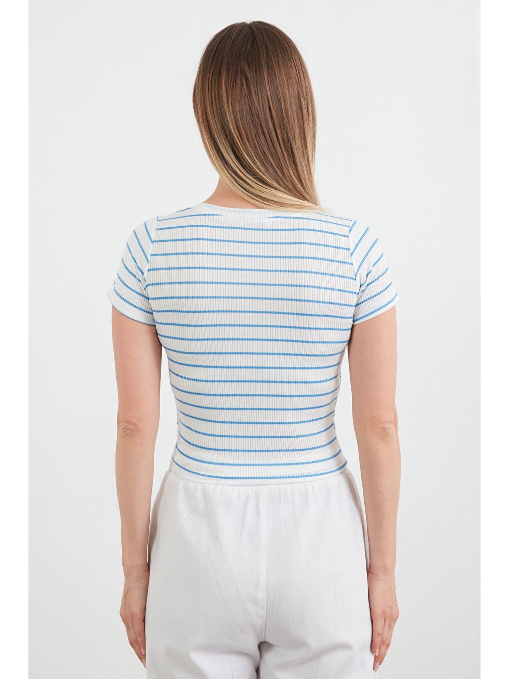 Mavi Basic Çizgili Fitilli Tişört-3