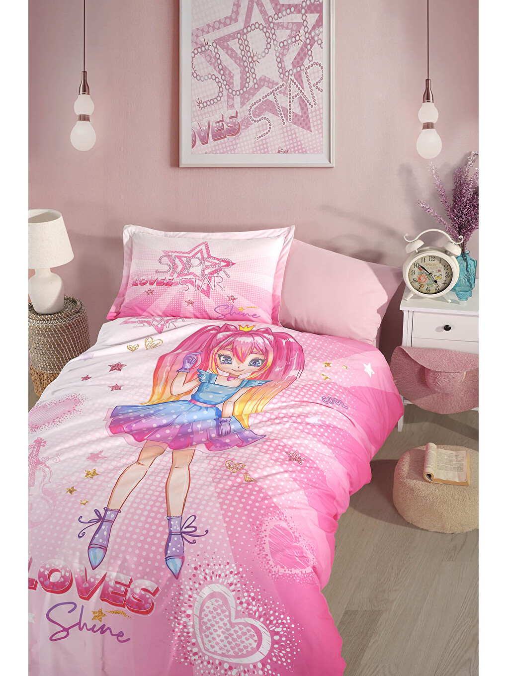 Pembe %100 Pamuk Nevresim Takımı Tek Kişilik Shine V1-1