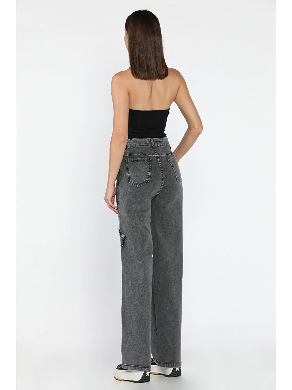 Antrasit Kadın Yüksek Bel Yıldız Figürlü Elastanlı Palazzo Jean Pantolon-2