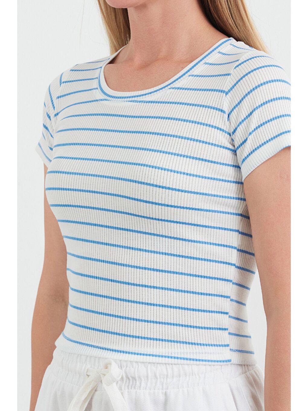 Mavi Basic Çizgili Fitilli Tişört-4