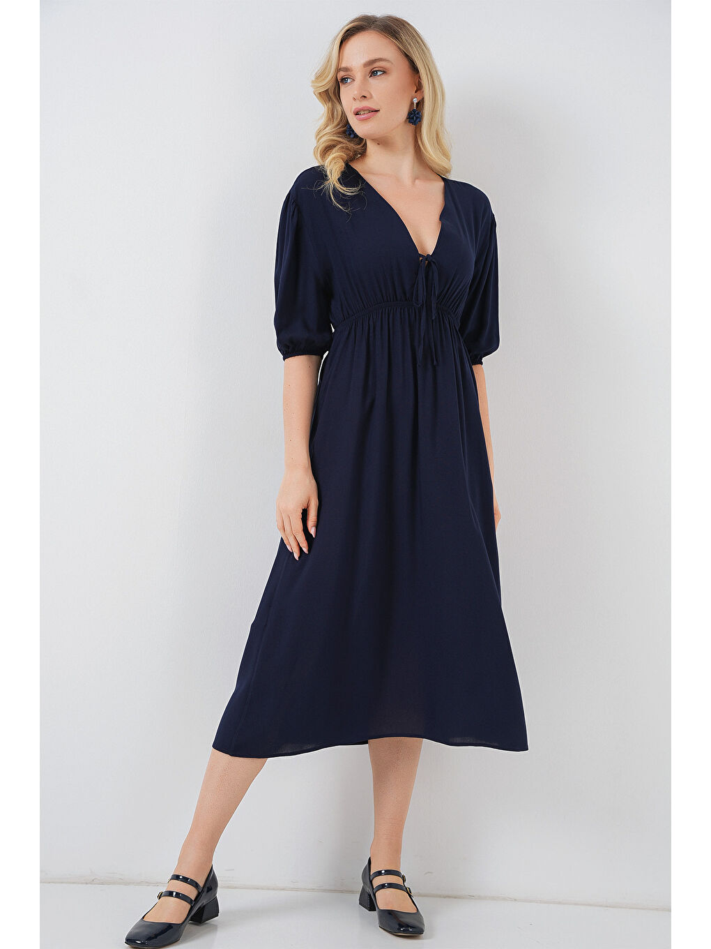 2570 Kadın Beli Büzgülü V Yaka Elbise - Lacivert-1