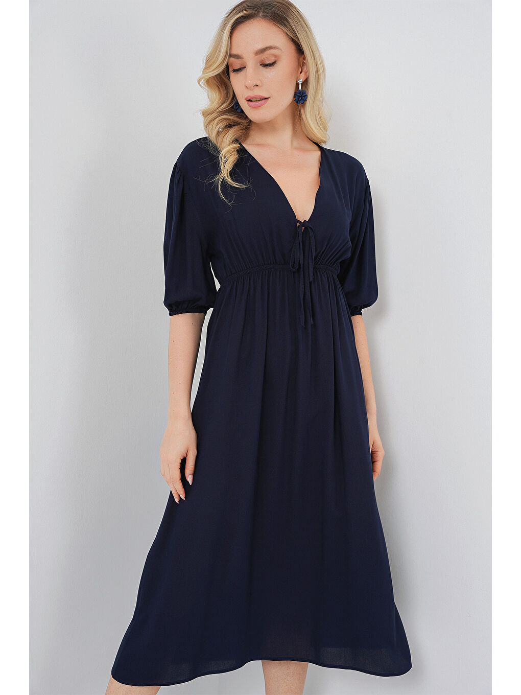 2570 Kadın Beli Büzgülü V Yaka Elbise - Lacivert-2