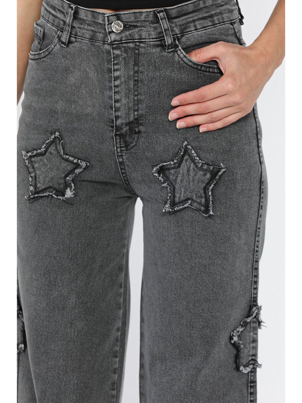 Antrasit Kadın Yüksek Bel Yıldız Figürlü Elastanlı Palazzo Jean Pantolon-3