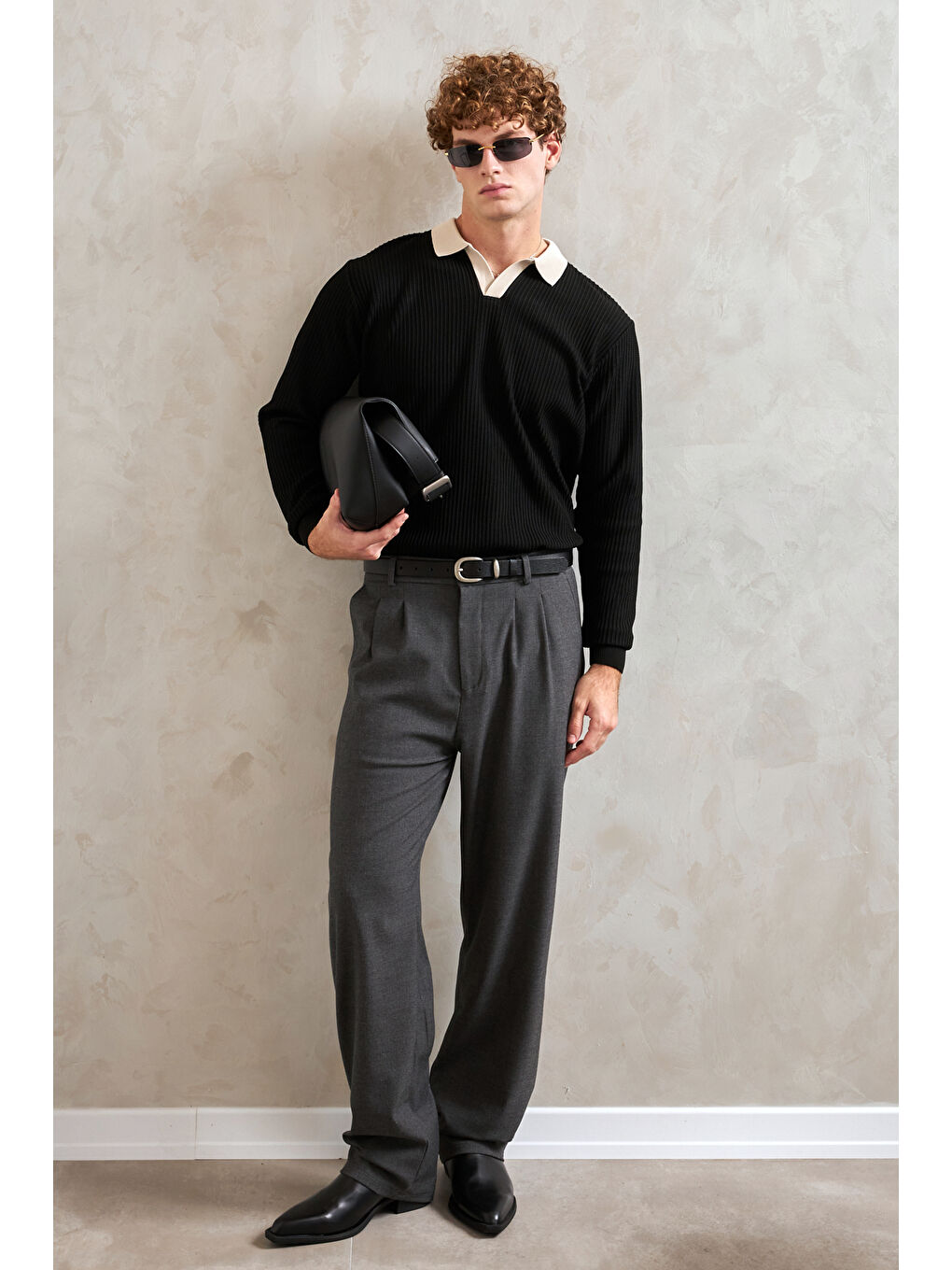 Siyah Erkek Polo Yaka Nopeli Oversize Triko Kazak-4