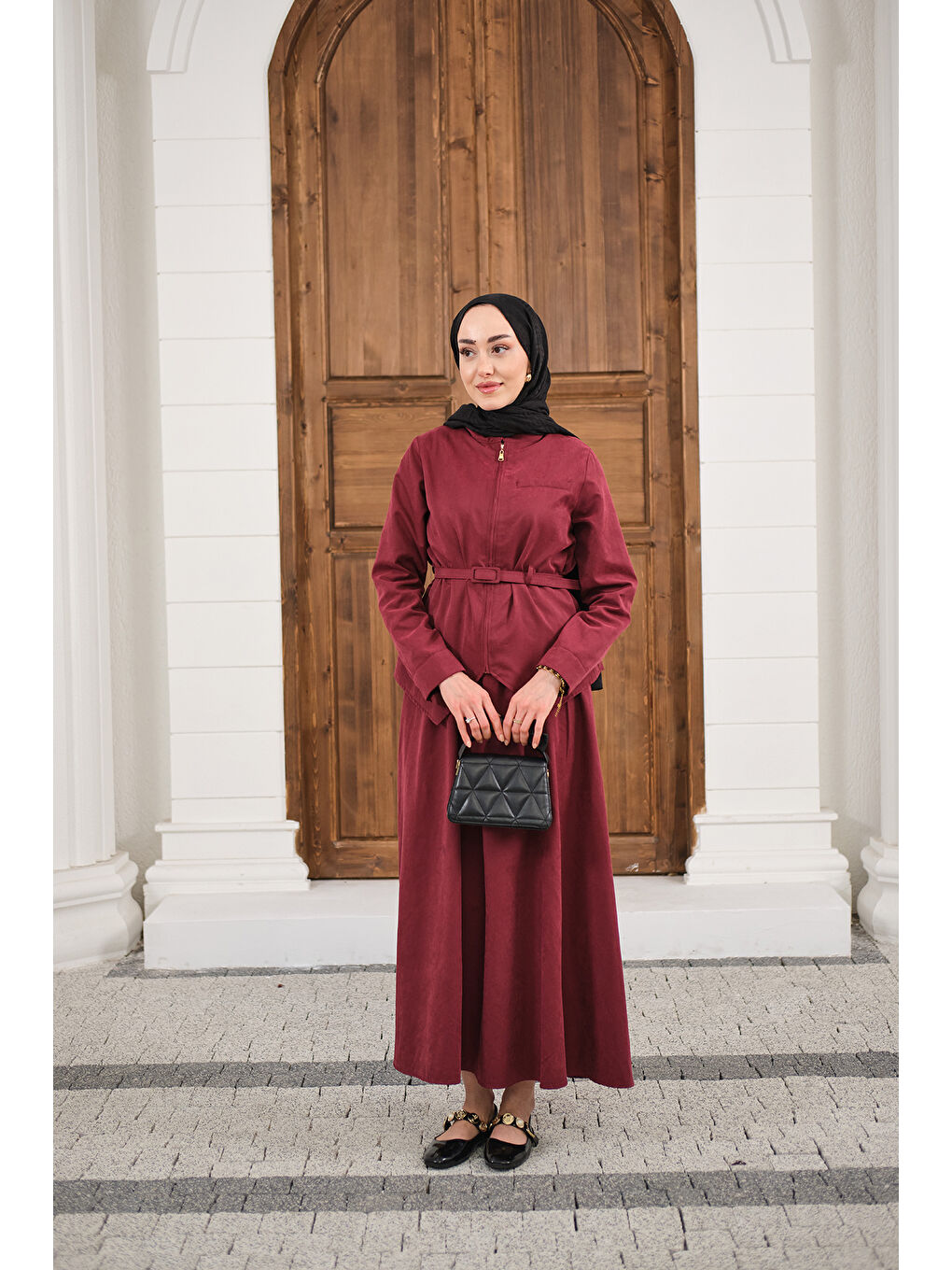 Kadın Cep Detay Fermuarlı Kemer Bağlamalı Etekli Takım Bordo-2
