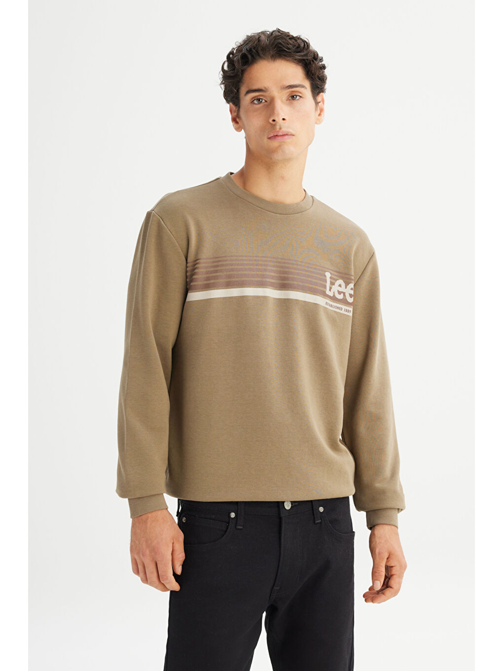 Regular Fit Normal Kesim Bisiklet Yaka Baskılı Haki Sweatshirt