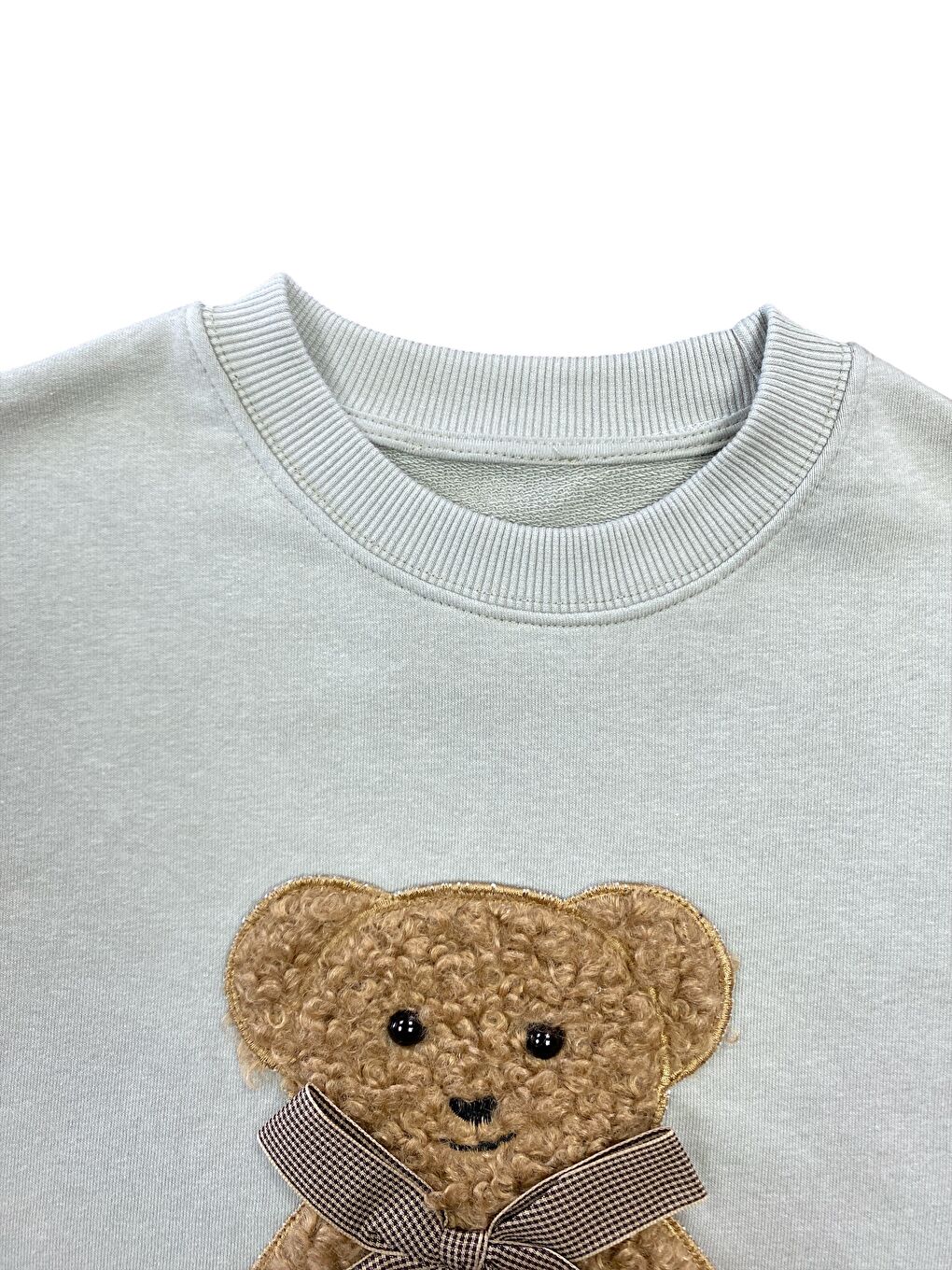 Yeşil Kadın Pamuklu Kalın Kışlık Fiyonklu Kabartma Ayıcık Desenli Yüksek Kalite Ribana Kol Sweatshirt-4