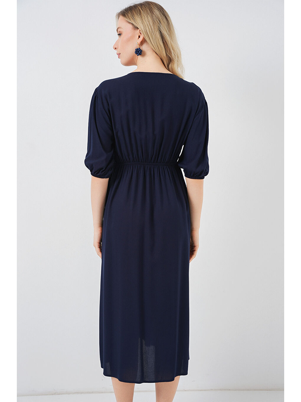 2570 Kadın Beli Büzgülü V Yaka Elbise - Lacivert-5