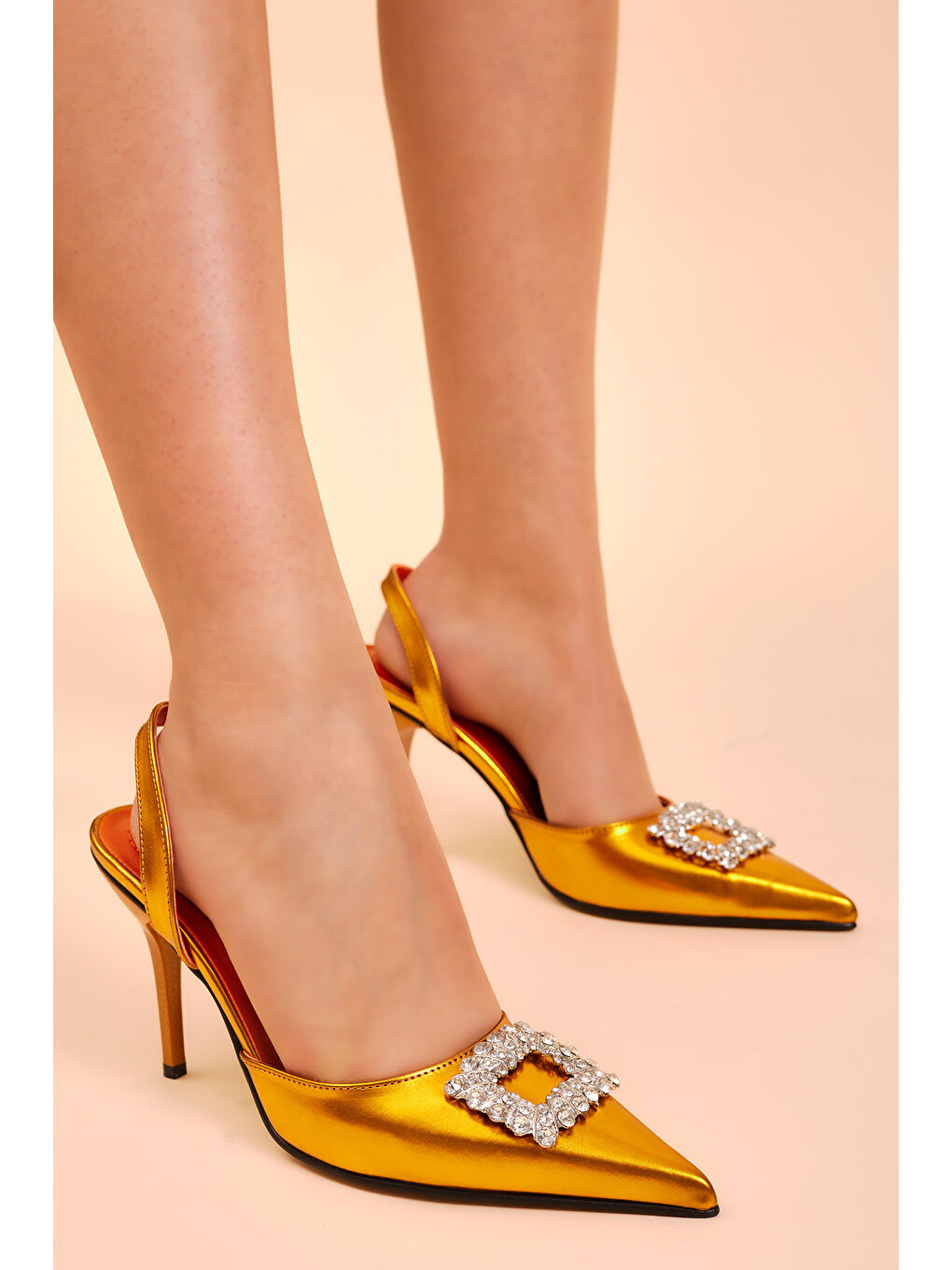 Turuncu Kadın Oranj Gecce Serisi Önü Tokalı Sivri Burunlu Topuklu Ayakkabı-2