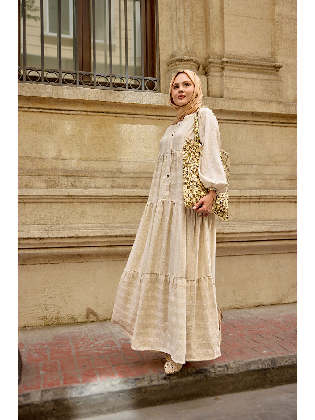 Ekru Kadın Kendinden Çizgi Desenli Elbise Krem-1