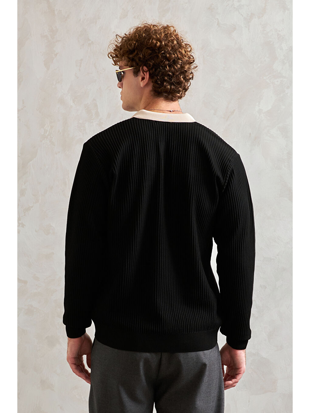 Siyah Erkek Polo Yaka Nopeli Oversize Triko Kazak-5