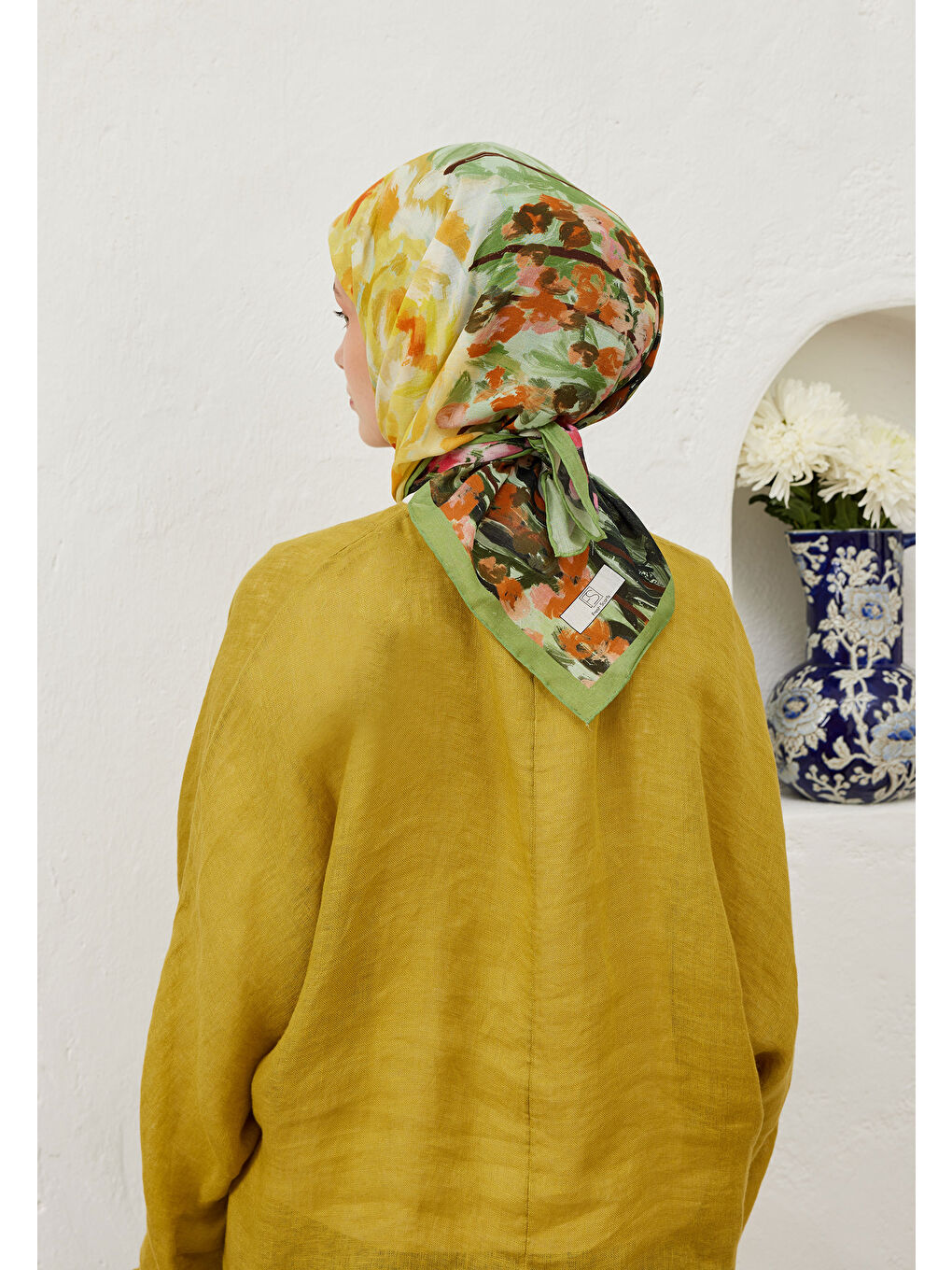 Yeşil Sprıng Flora Desen Pamuk Vual Eşarp Orman-3