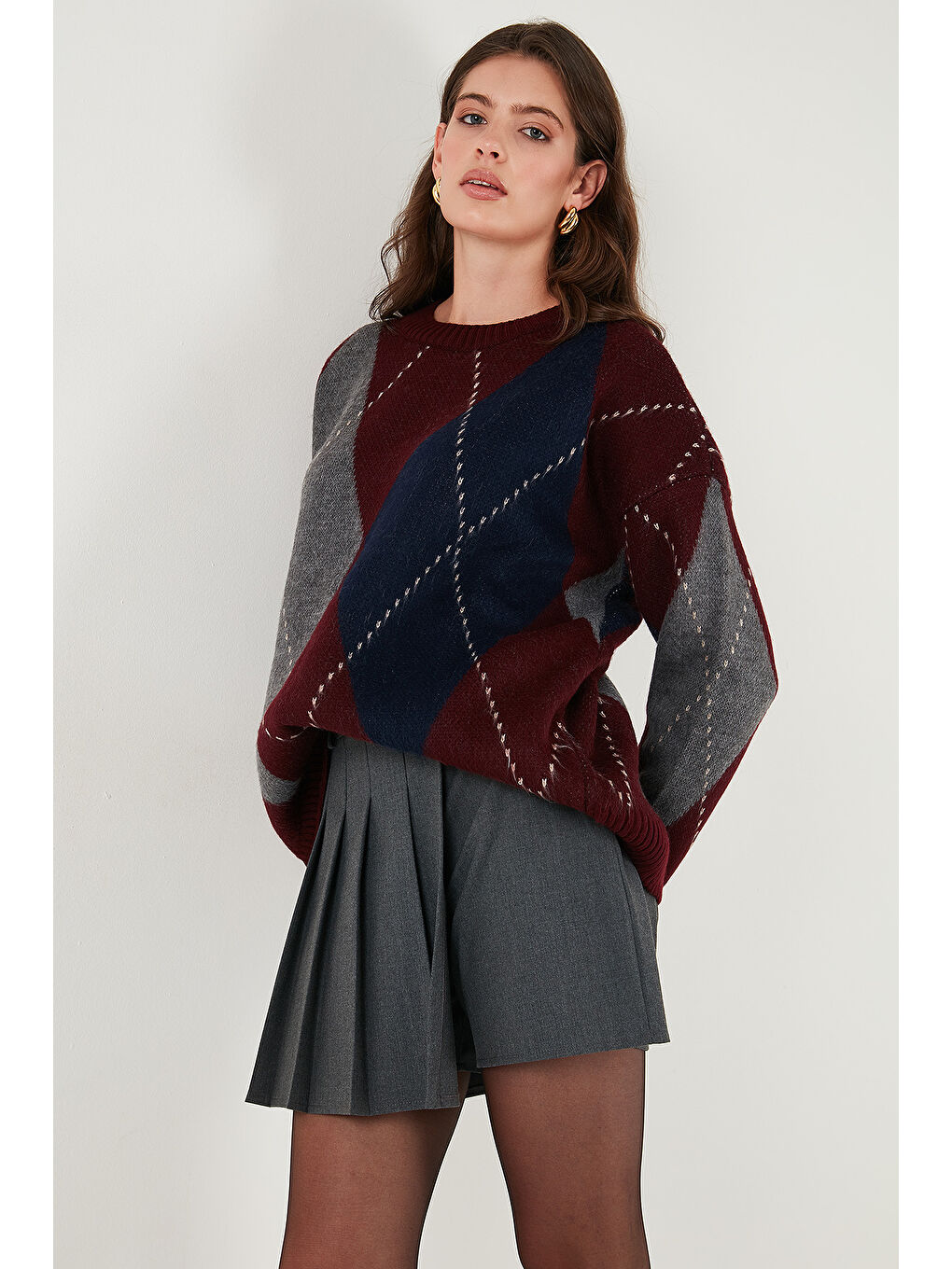 Bordo Oversize Fit Bisiklet Yaka Baklava Desenli Kazak 4615578-3