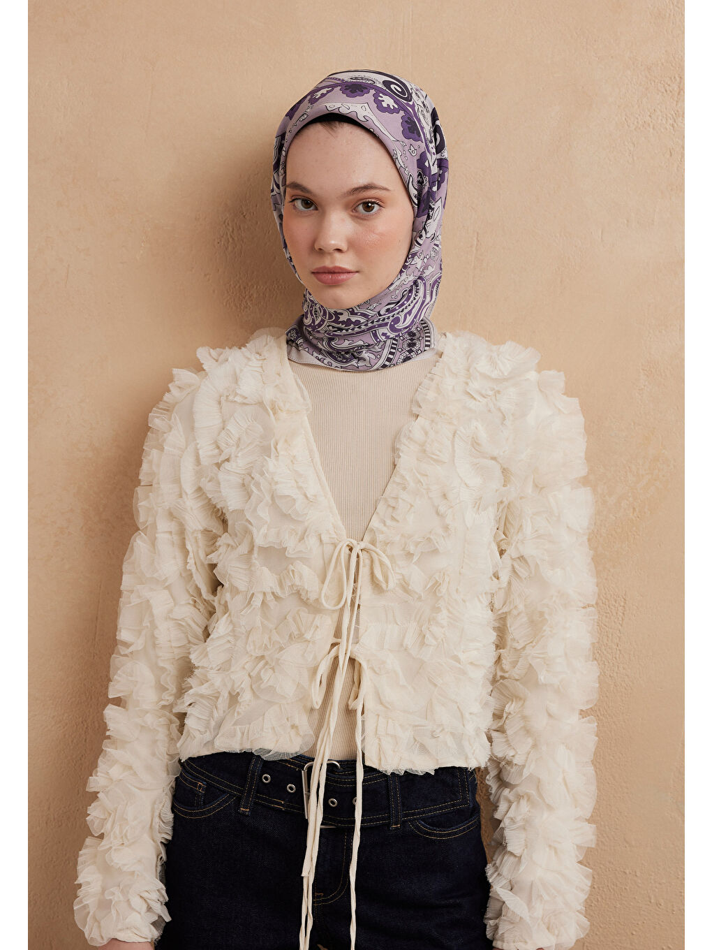 Lila Lena Desen Pamuk İpek Eşarp Leylak-3