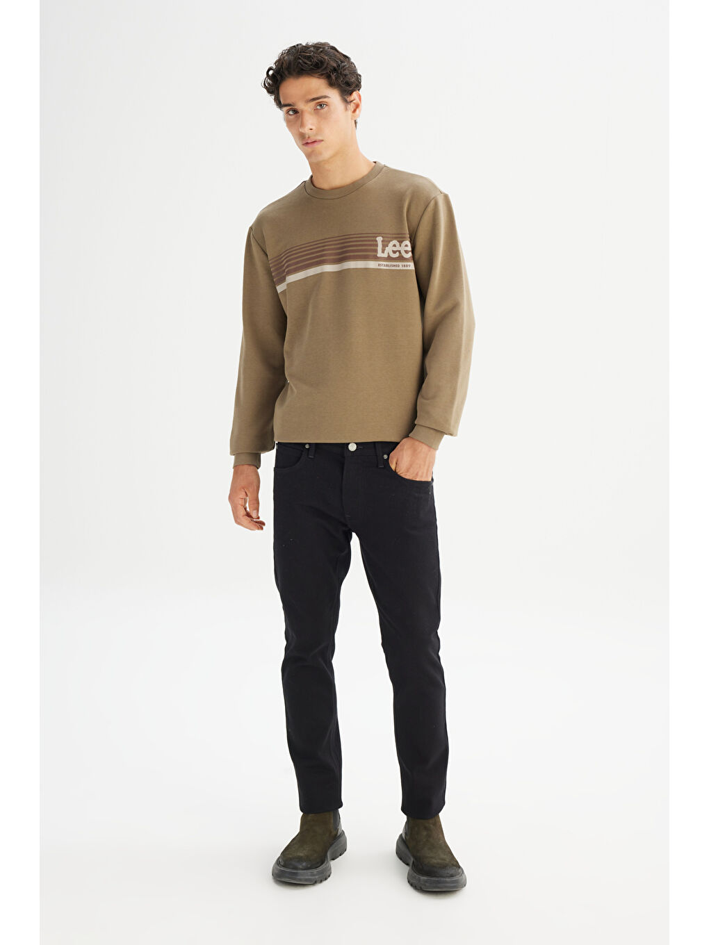 Regular Fit Normal Kesim Bisiklet Yaka Baskılı Haki Sweatshirt-1