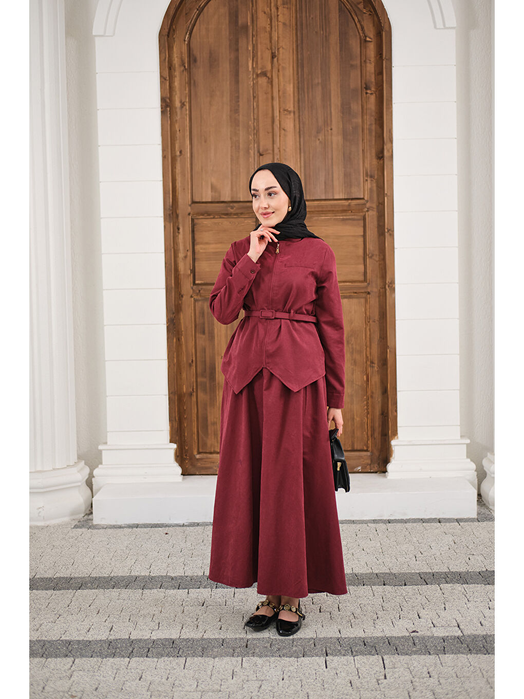 Kadın Cep Detay Fermuarlı Kemer Bağlamalı Etekli Takım Bordo-3