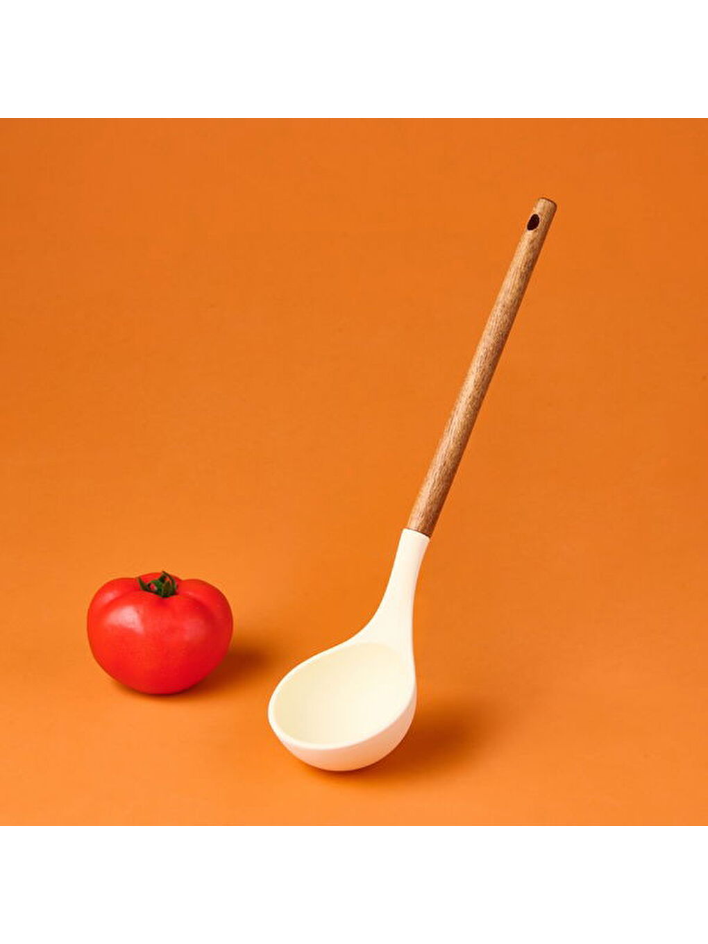 Ekru Ahşap Saplı Silikon Kepçe - Krem / Kahverengi-1