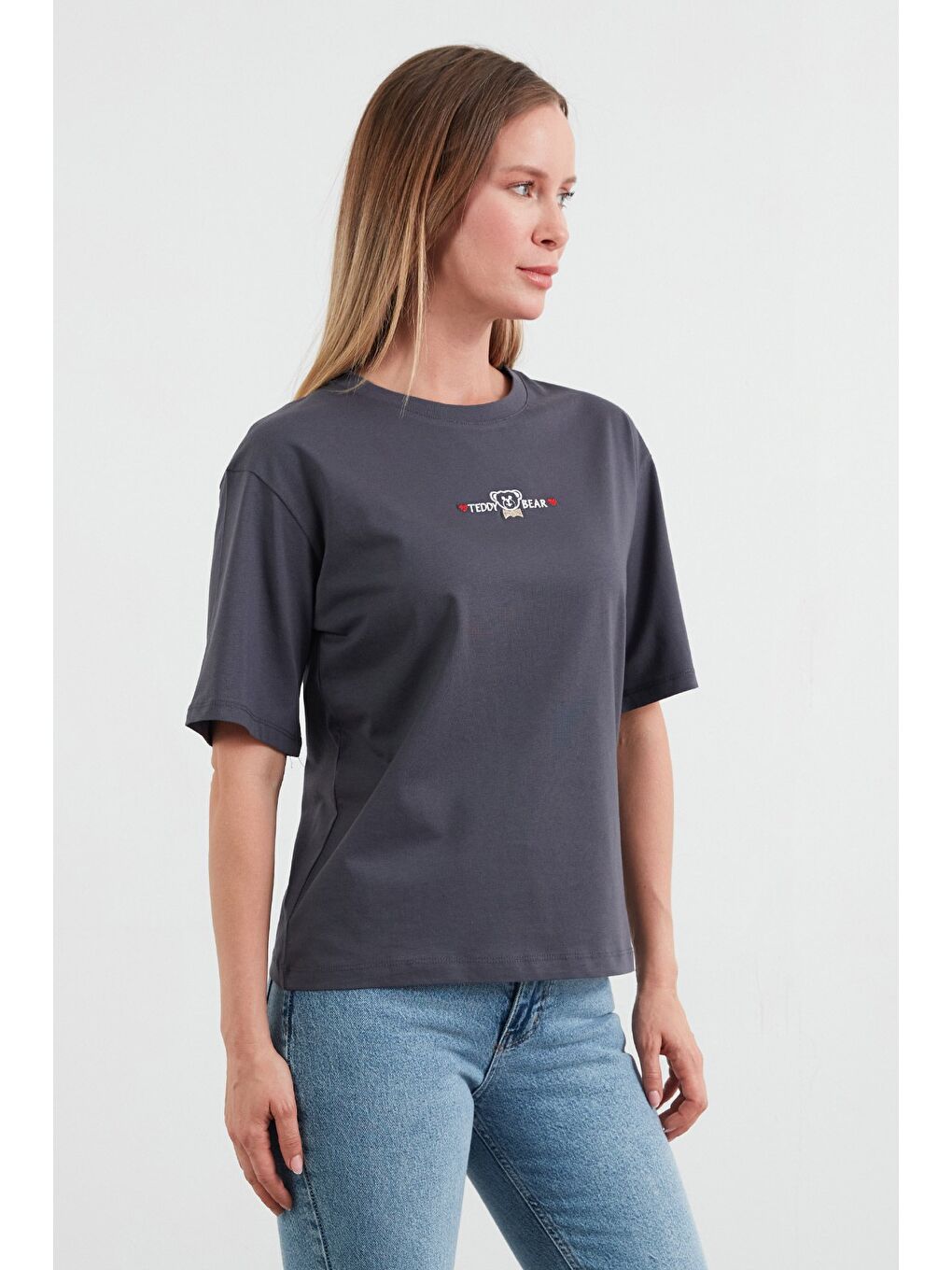 Antrasit Teddy Bear Yazı Nakışlı Bisiklet Yaka Tişört-2