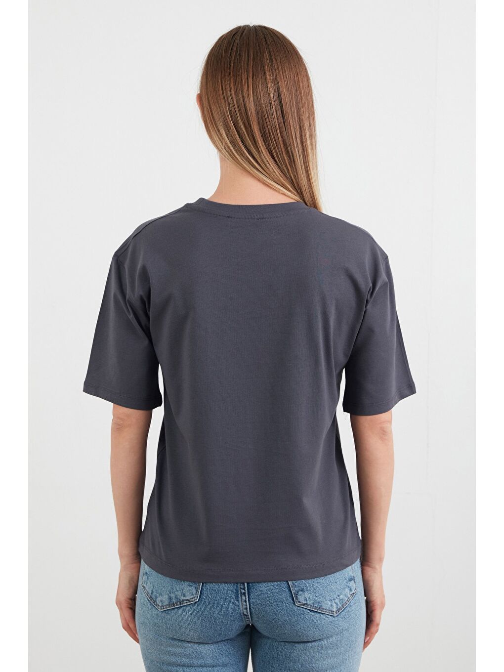 Antrasit Teddy Bear Yazı Nakışlı Bisiklet Yaka Tişört-3