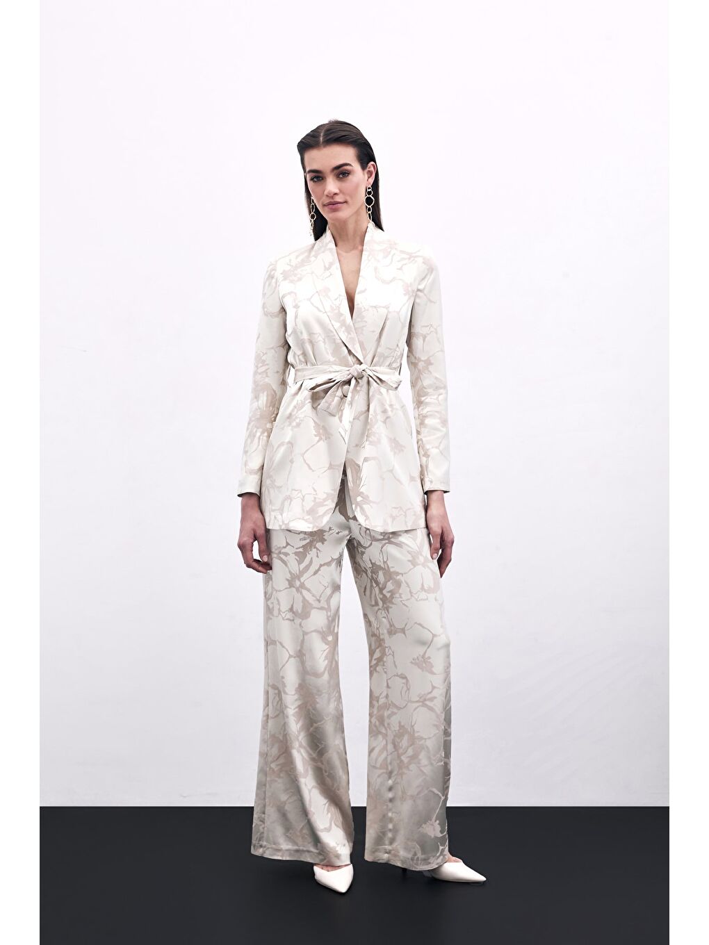 Renkli Jakarlı Pantolon - Bej