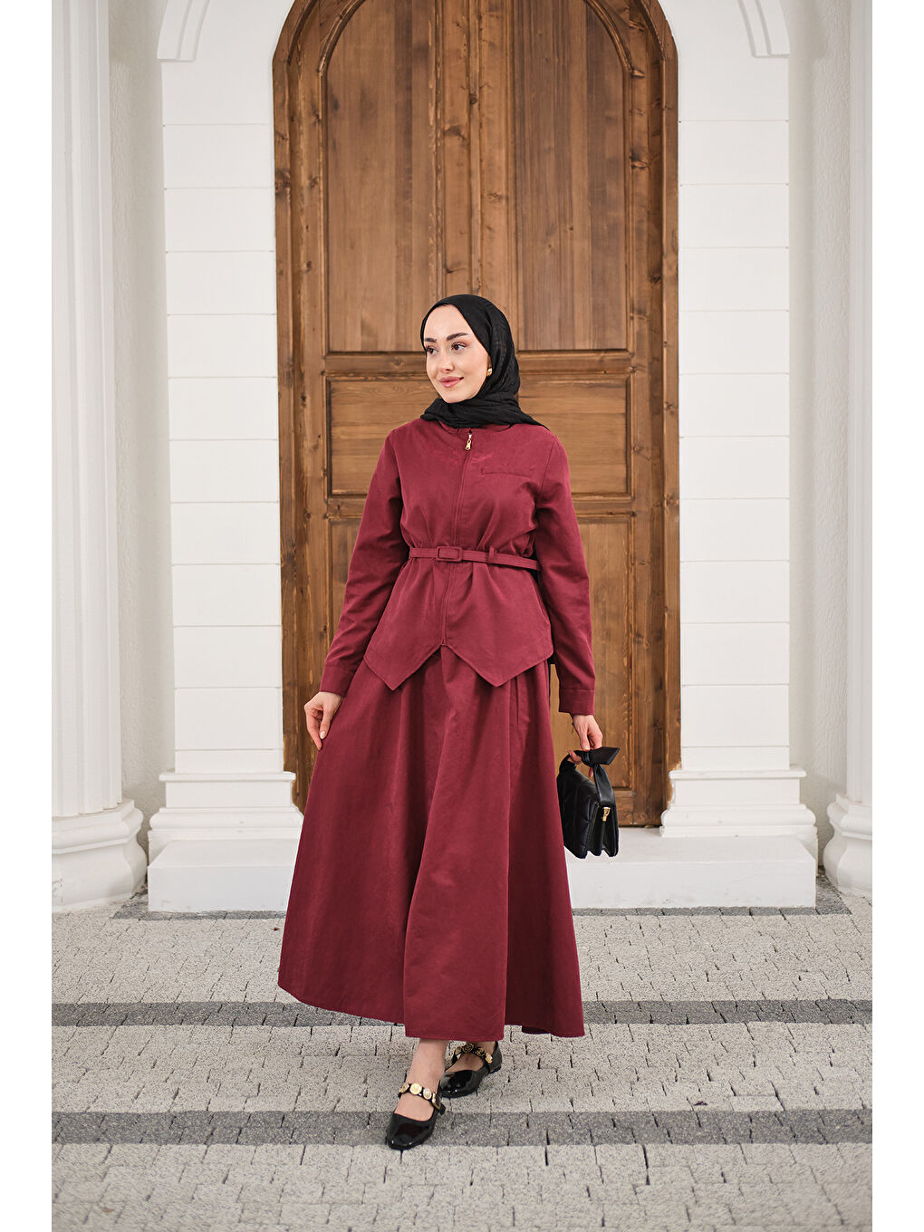 Kadın Cep Detay Fermuarlı Kemer Bağlamalı Etekli Takım Bordo-4