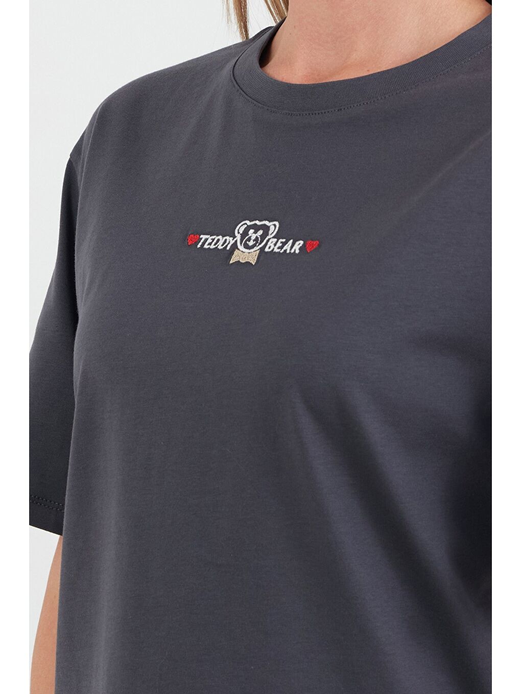 Antrasit Teddy Bear Yazı Nakışlı Bisiklet Yaka Tişört-4