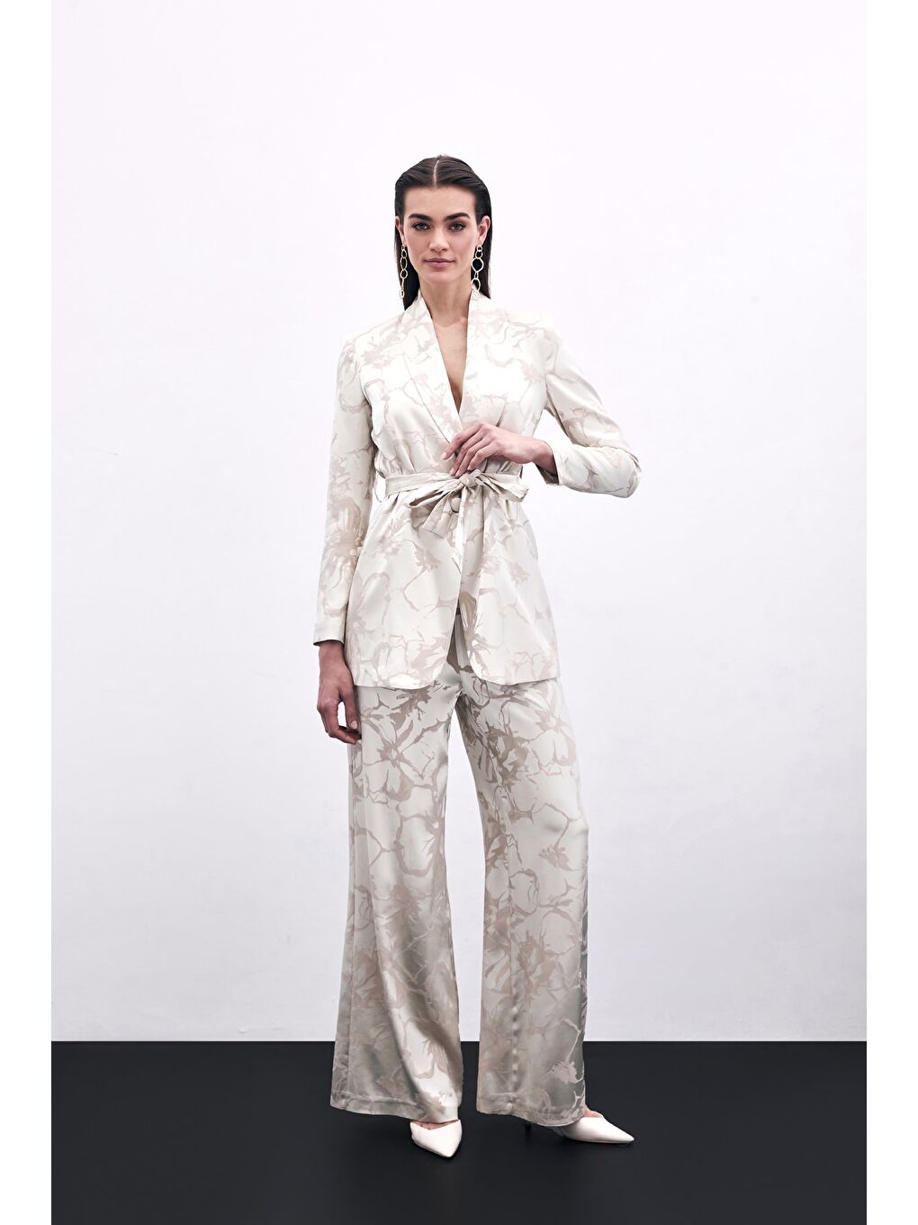 Renkli Jakarlı Pantolon - Bej-1