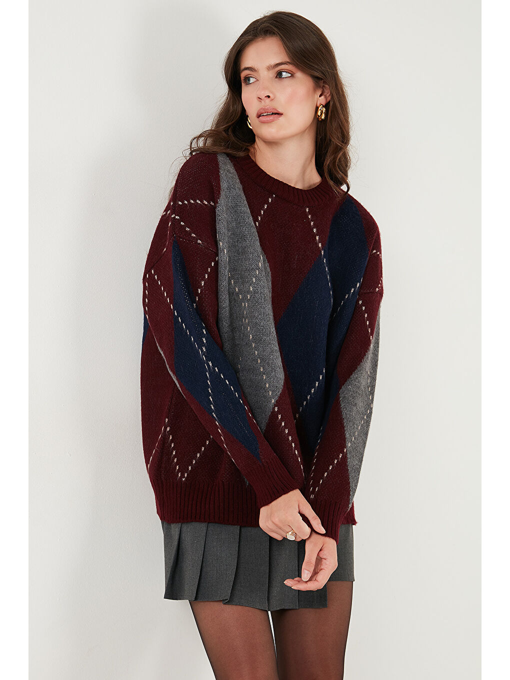 Bordo Oversize Fit Bisiklet Yaka Baklava Desenli Kazak 4615578-4