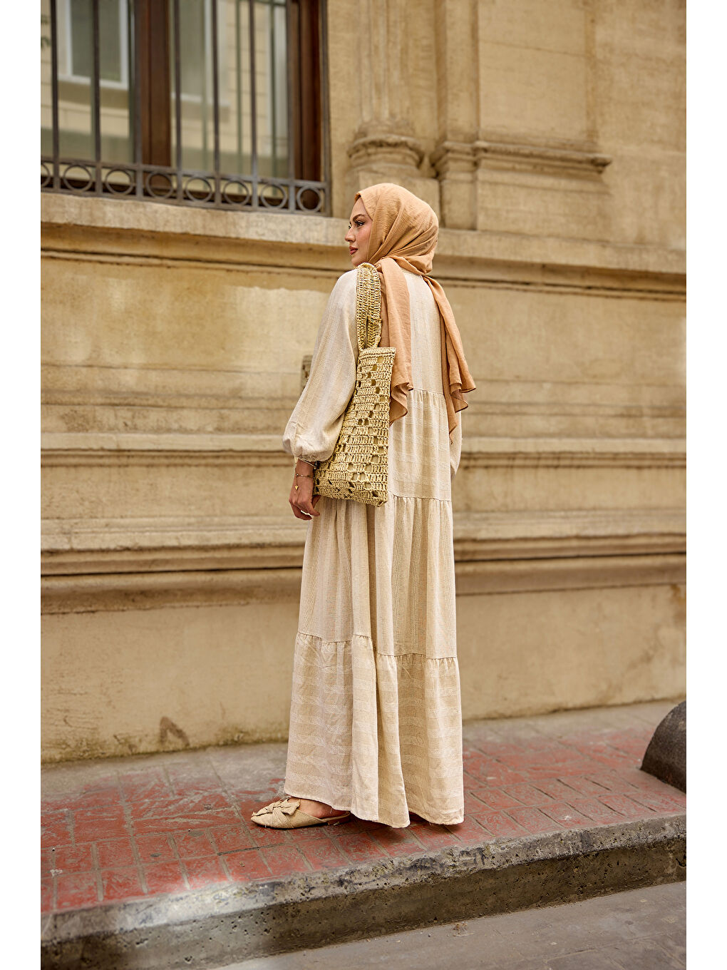 Ekru Kadın Kendinden Çizgi Desenli Elbise Krem-3