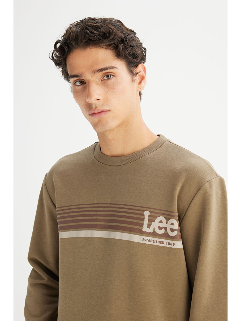 Regular Fit Normal Kesim Bisiklet Yaka Baskılı Haki Sweatshirt-3