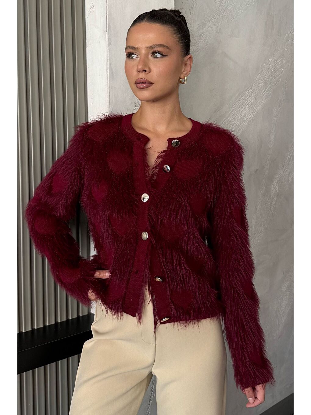 Bordo Kadın Ön Düğmeli Sakallı Triko Ceket (s-m-l Uyumludur)