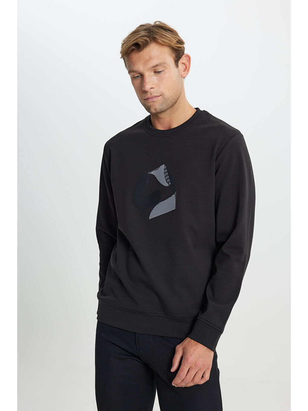 Erkek Siyah Pamuklu Standart Fit Normal Kesim Bisiklet Yaka Baskılı Sweatshirt-3