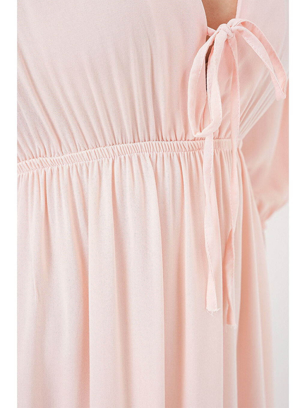 Pembe 2570 Kadın Beli Büzgülü V Yaka Elbise - Pudra-4
