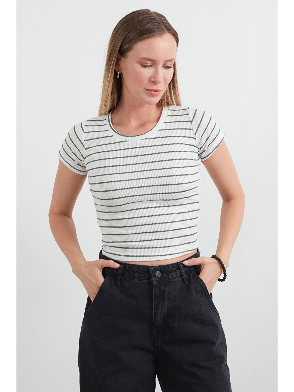 Haki Basic Çizgili Fitilli Tişört