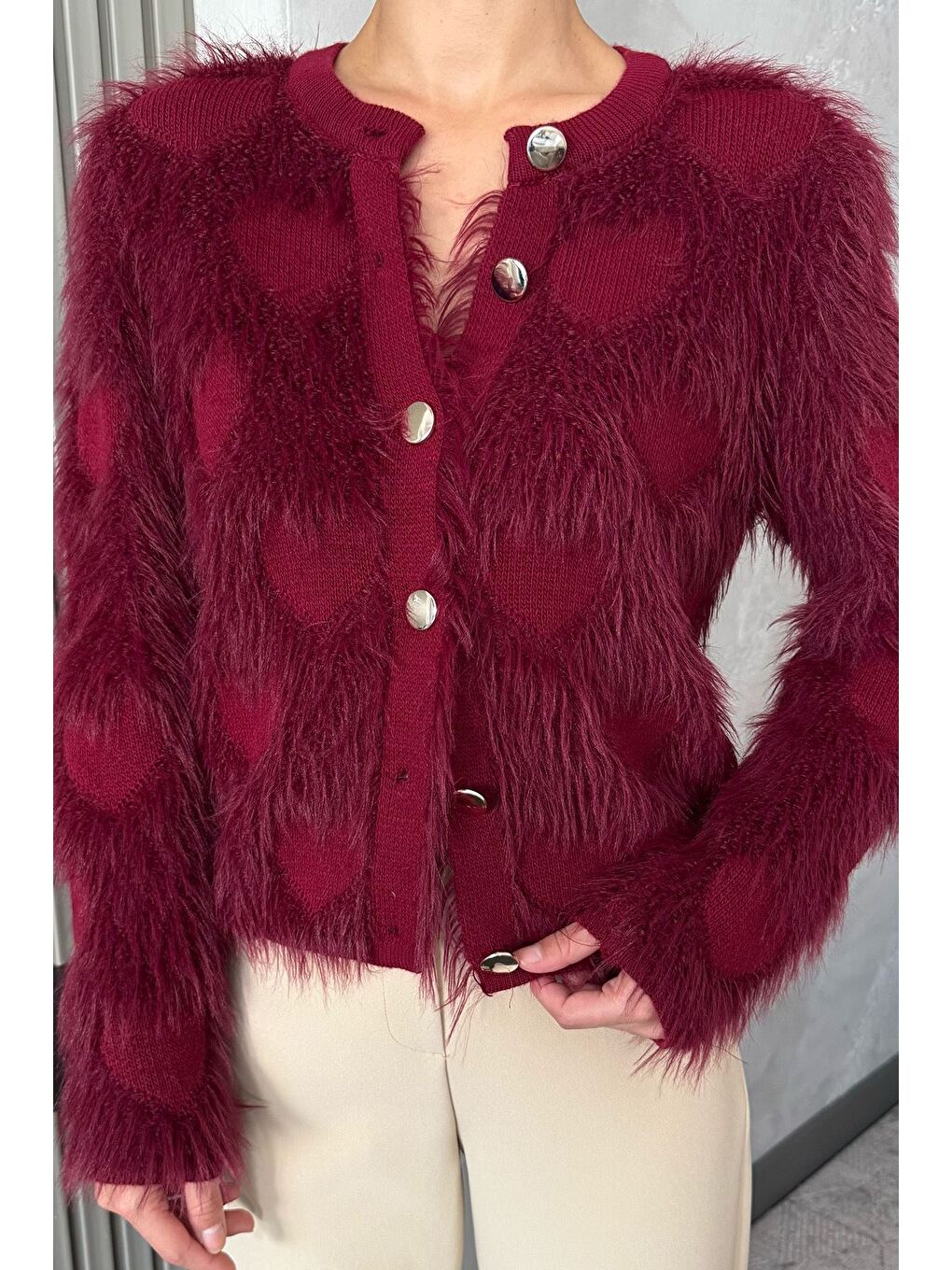 Bordo Kadın Ön Düğmeli Sakallı Triko Ceket (s-m-l Uyumludur)-1