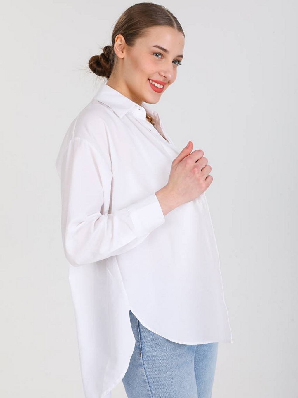 Beyaz Oversize Arkası Uzun Önü Kısa Poplin Gömlek-1