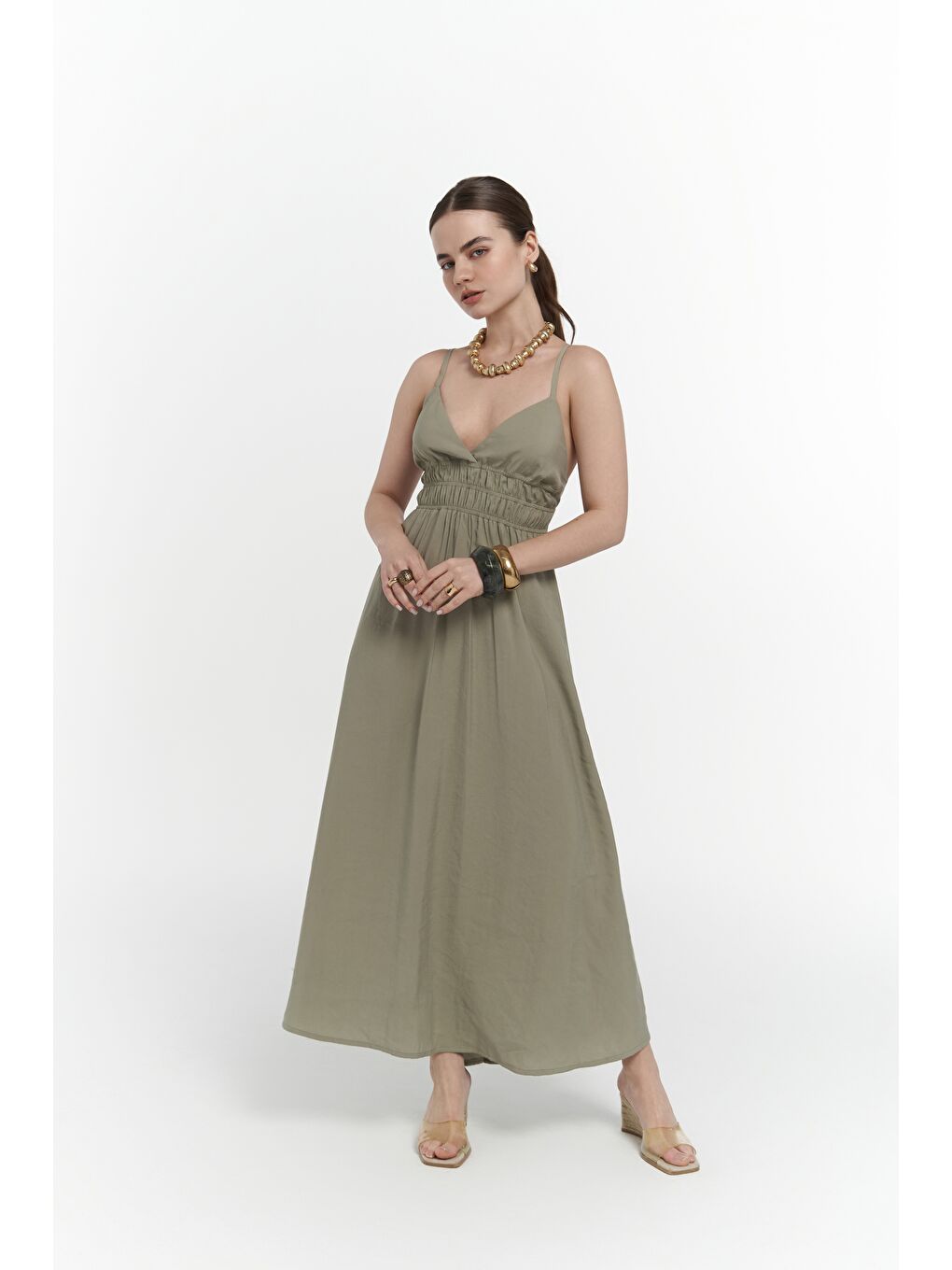 Alessia Büzgü Detay Askılı Uzun Soft Haki Elbise