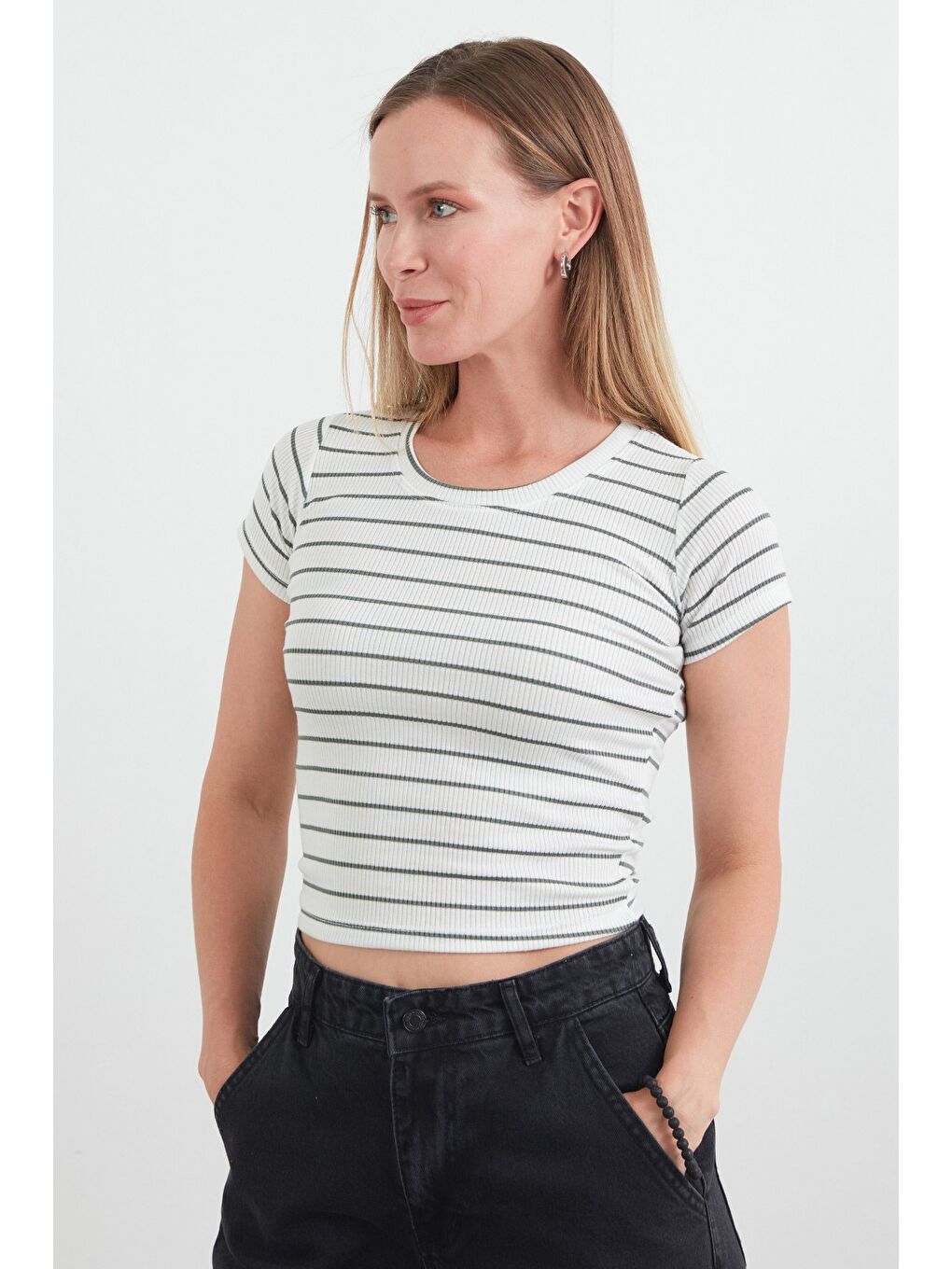 Haki Basic Çizgili Fitilli Tişört-2