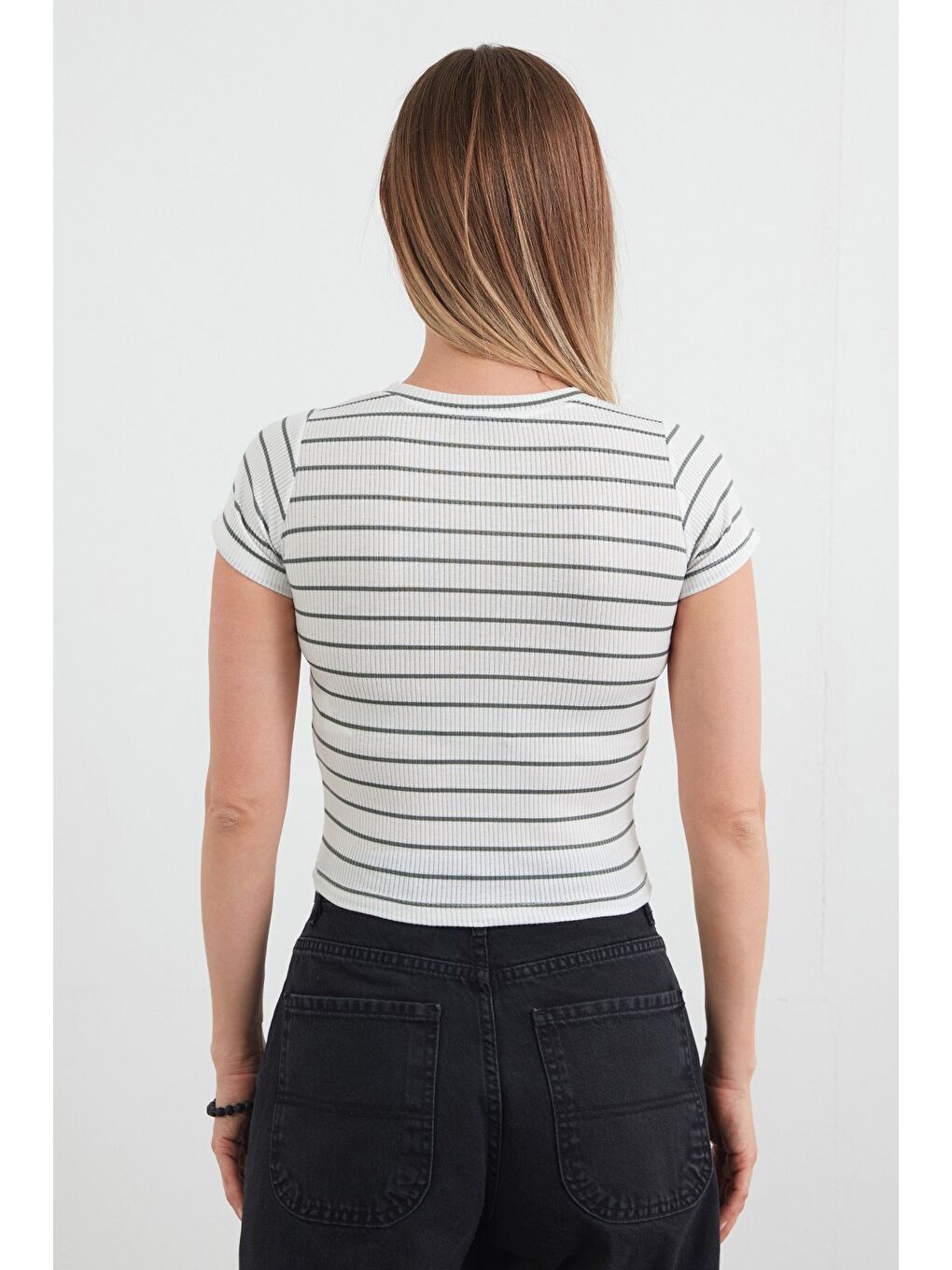 Haki Basic Çizgili Fitilli Tişört-3