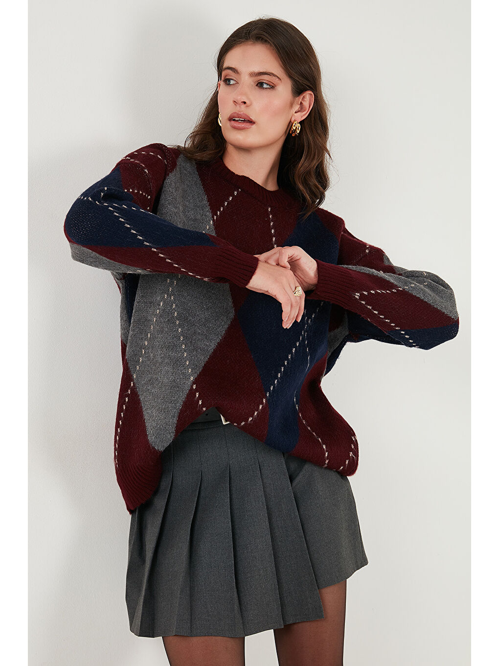 Bordo Oversize Fit Bisiklet Yaka Baklava Desenli Kazak 4615578-5