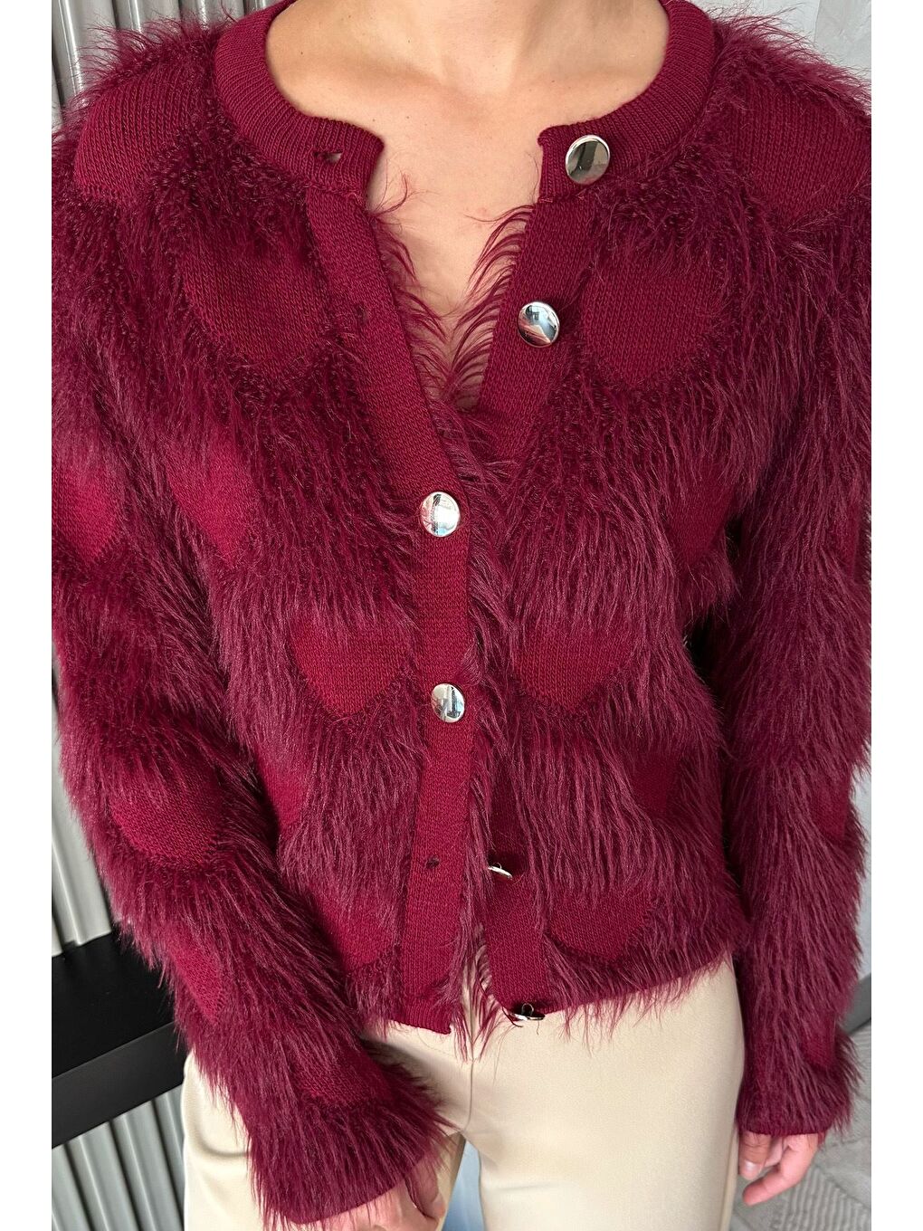 Bordo Kadın Ön Düğmeli Sakallı Triko Ceket (s-m-l Uyumludur)-2