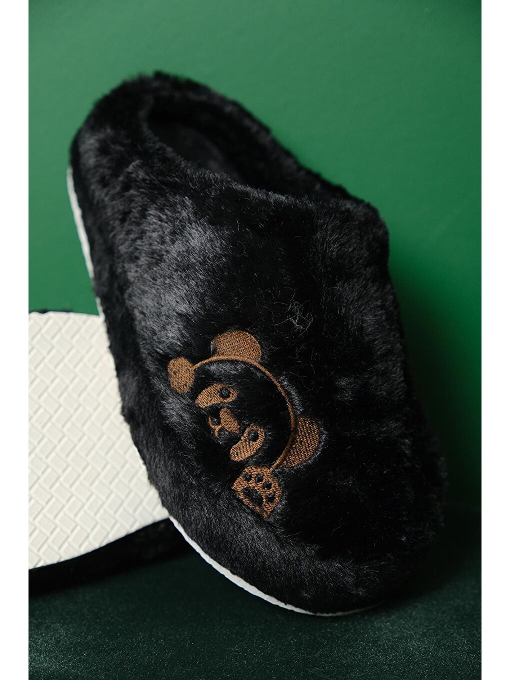 Siyah Panda Nakışlı Kadın Ev Terliği Pelüş Terlik Çeyiz ve Bohça Terliği Ses Yapmaz Kalın Taban-5